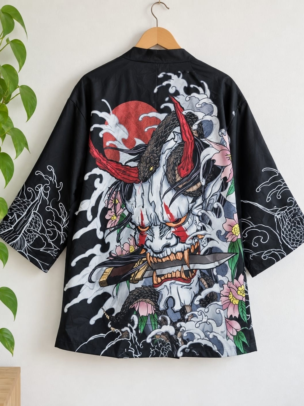 Men's Black Hannya Print Kimono Jacket